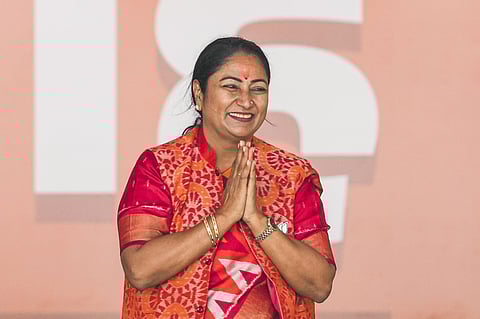 Newly sworn-in Delhi Chief Minister Rekha Gupta during the oath-taking ceremony at Ramlila Maidan, in New Delhi, Thursday, Feb. 20, 2025