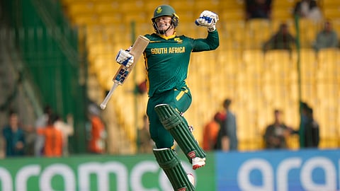 South Africa's Ryan Rickelton celebrates after scoring a century during the ICC Champions Trophy  match against Afghanistan in Karachi (Photo | AP)
