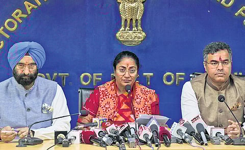 CM Rekha Gupta with ministers Manjinder Singh Sirsa and Parvesh Verma