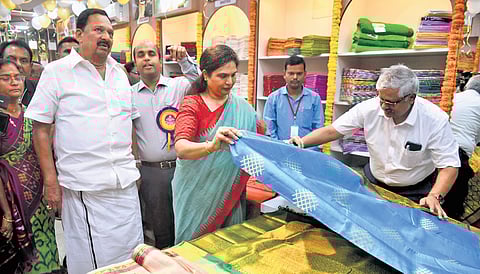 Tamil Nadu Handlooms and Textiles Minister R Gandhi inaugurates the Co-optex showroom in Vijayawada on Friday.