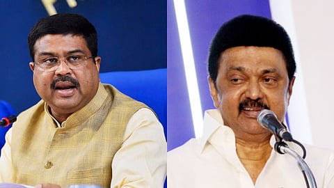 Union Education Minister Dharmendra Pradhan (R), Tamil Nadu Chief Minister MK Stalin (L)