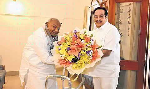 Former PM and Rajya Sabha member HD Deve Gowda greets Jal Shakti Minister  CR Patil at the latter’s residence in New Delhi on Friday 