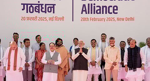 Prime Minister Narendra Modi with Union Ministers Rajnath Singh, Amit Shah, JP Nadda, Andhra Pradesh Chief Minister N Chandrababu Naidu and other dignitaries during a meeting of NDA chief ministers over lunch, in New Delhi, Thursday, Feb. 20, 2025. 