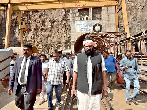 Irrigation Minister N Uttam Kumar Reddy inspects the SLBC tunnel on Feb 22, 2025. 