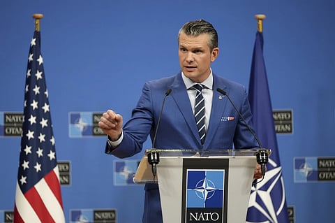 United States Secretary of Defense Pete Hegseth speaks during a media conference after a meeting of NATO defense ministers at NATO headquarters in Brussels, Thursday, Feb. 13, 2025.