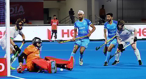 Action from the match between India and Ireland in the ongoing FIH Pro League in Bhubaneswar on Saturday. India won 4-0