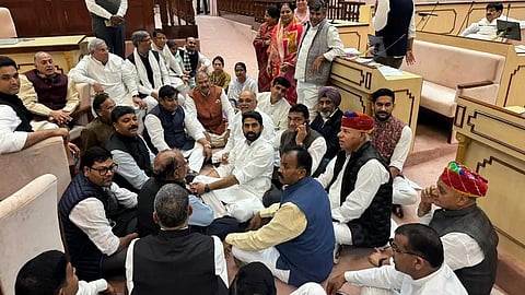Congress MLAs protesting the Social Justice and Empowerment Minister's remark over former prime minister Indira Gandhi. 