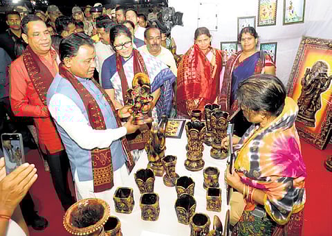 Chief Minister Mohan Charan Majhi going around the Subhadra Shakti Mela at Janata Madan in Bhubaneswar on Saturday.