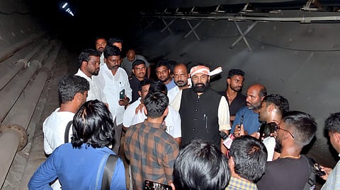 Ministers Uttam Kumar Reddy and Jupally Krishna Rao inside the SLBC tunnel.