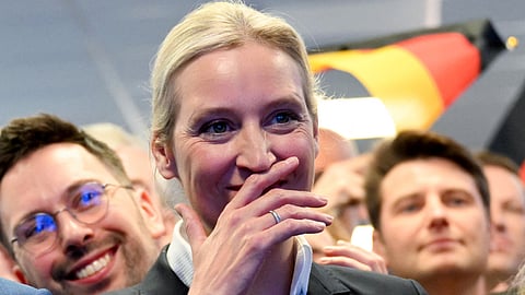 Co-leader of Germany's far-right Alternative for Germany (AfD) party and her party's top candidate for Chancellor Alice Weidel cheers during the electoral evening.