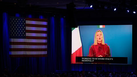 Prime Minister of Italy Giorgia Meloni speaks through video during the Conservative Political Action Conference (CPAC) at the Gaylord National Resort & Convention Center on February 22, 2025, in Oxon Hill, Maryland. 