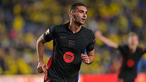 Barcelona's Ferran Torres celebrates after scoring their second goal during the Spanish league football match between UD Las Palmas and FC Barcelona on February 22, 2025.