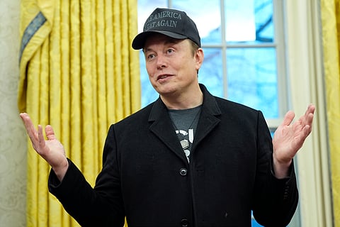 Elon Musk speaks during an event with President Donald Trump in the Oval Office at the White House, Tuesday, Feb. 11, 2025, in Washington. 