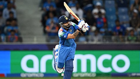 India's Virat Kohli plays a shot against Pakistan at the Dubai International Stadium on Sunday