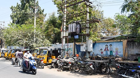 Two-wheelers stocked at the vacant space under the transformer in Palakkarai, Tiruchy, by vehicle scrap dealers on Friday.