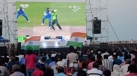 Fans gathered to watch the 2025 ICC Champions Trophy cricket match between India and Pakistan at Marina Beach in Chennai.