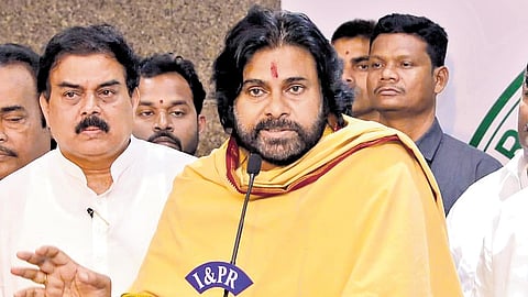 Deputy Chief Minister Pawan Kalyan speaking to mediapersons after the joint session of the Legislative Assembly and Council on Monday