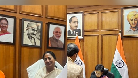 An image posted by AAP Delhi shows the photos of Ambedkar and Bhagat Singh missing from the spot where they used to hang in the CM's office.
