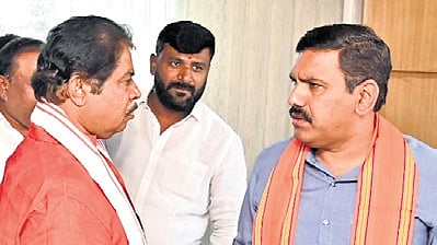 BJP state chief BY Vijayendra and LoP R Ashoka meet before the Mysuru Chalo protest rally on Monday 