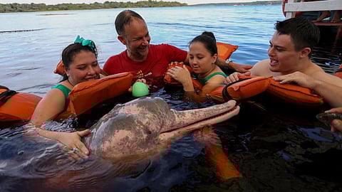 Physiotherapist Igor Simoes Andrade and young people with disabilities swim with pink dolphins (Inia geoffrensis) on the Rio Negro river in Iranduba, Amazonas state, Brazil, on February 20, 2025. Physiotherapist Igor Simoes Andrade launched the ‘Bototheraty’ program in 2016, which provides sessions for people with physical and mental disabilities by taking them to swim with wild pink freshwater dolphins in the Amazon.
