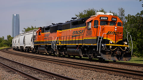 FILE - A BNSF locomotive heads south out of Oklahoma City.
