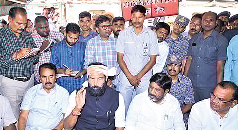Deputy CM Mallu Bhatti Vikramarka looks on as Irrigation Minister N Uttam Kumar Reddy addresses the media after a high-level meeting at the SLBC tunnel on Tuesday