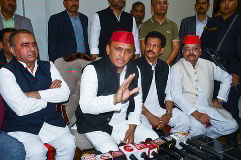 Former Chief Minister Akhilesh Yadav addresses the media at Jajmau in Kanpur, Sunda, Feb. 23, 2025. 