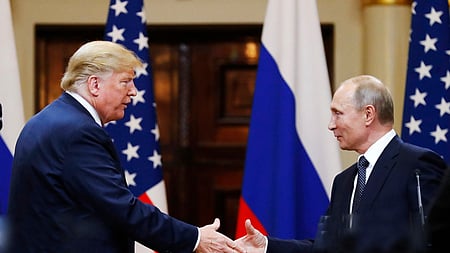 US President Donald Trump shakes hand with Russian President Vladimir Putin.