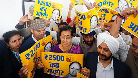 The protest, led by Leader of Opposition Atishi, saw AAP MLAs raising slogans and waving posters reading “When will women get Rs 2500?”