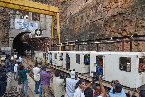 Army personnel near the Srisailam Left Bank Canal (SLBC) project site where a portion of the tunnel collpased, in Nagarkurnool district.