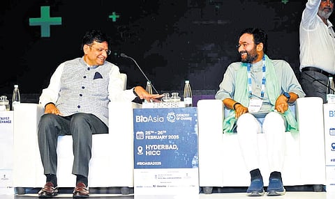 Union Coal & Mines Minister G Kishan Reddy along with IT Minister D Sridhar Babu at the valedictory ceremony of BioAsia 2025 in Hyderabad on Wednesday
