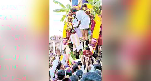 Infant tossing ritual under way in a Koppal village 