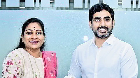 Home Minister Vangalapudi Anitha submits a petition to IT Minister N Lokesh at his residence in Undavalli on Wednesday