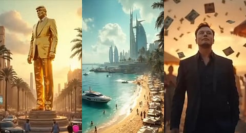 Screenshots from an AI-generated video show war-ravaged Gaza transformed into a seaside resort, featuring a towering golden statue of Donald Trump and Elon Musk walking as money rains down.