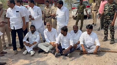 BRS leaders including former Irrigation Minister T. Harish Rao at the SLBC tunnel site. 