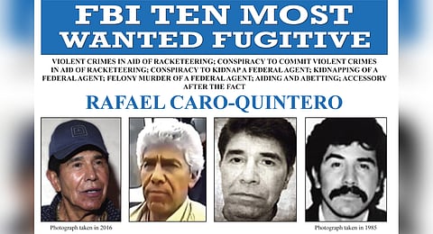 This image released by the FBI shows the wanted poster for Mexican druglord Rafael Caro Quintero.