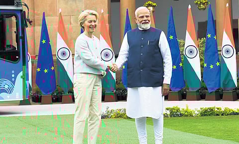 PM Narendra Modi and European Commission President Ursula von der Leyen prior to their meeting, at Hyderabad House in New Delhi on Friday.