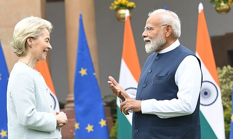 European Commission President Ursula von der Leyen meets with Prime Minister Narendra Modi prior to delegation-level talks at Hyderabad House in New Delhi on Friday, Feb. 28, 2025.