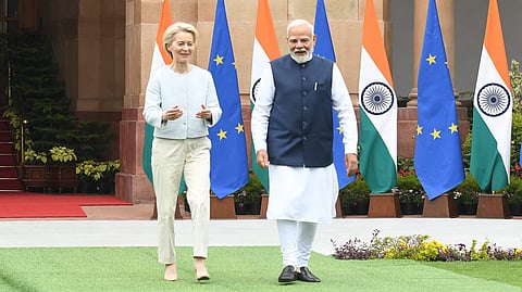 European Commission President Ursula von der Leyen meets with Prime Minister Narendra Modi prior to delegation-level talks at Hyderabad House in New Delhi on Friday, Feb. 28, 2025.