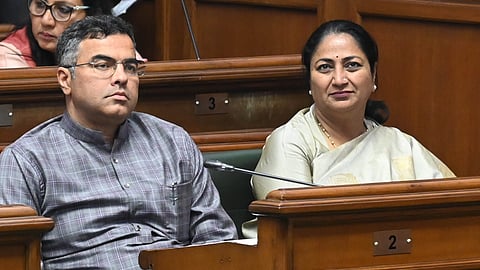 Delhi CM Rekha Gupta and Minister Parvesh Varma during the first session of the Delhi Assembly, in New Delhi, Thursday, Feb. 27, 2025.