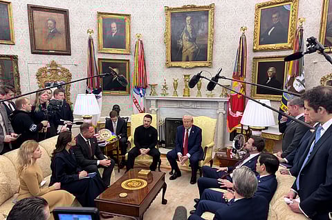 President Donald Trump, center right, meets with Ukrainian President Volodymyr Zelenskyy, in the Oval Office at the White House, Friday, Feb. 28, 2025, in Washington. 