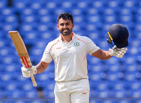 Vidarbha batter Karun Nair celebrates his century during the fourth day of the Ranji Trophy final (Photo | PTI)