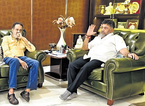 Former Infosys CFO TV Mohandas Pai calls on Deputy Chief Minister DK Shivakumar at the latter’s residence, in Bengaluru on Saturday