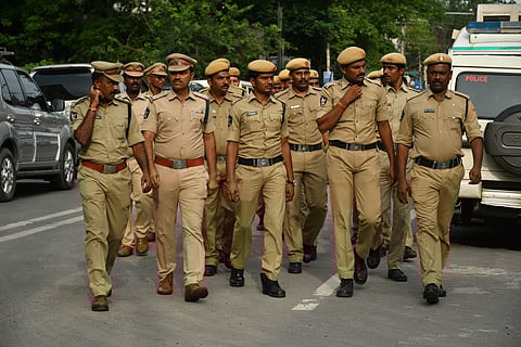  Police personnel in large numbers deployed at the civil court compound in Vijayawada on Sunday. 
