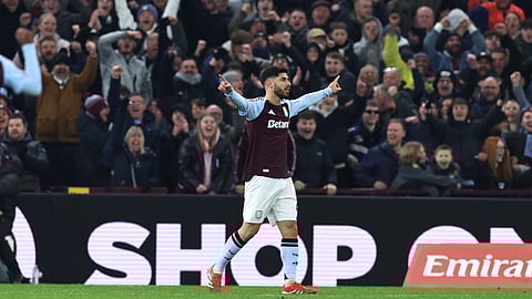 Aston Villa's Marco Asensio celebrates after scoring his side's second goal during the English FA Cup fifth round soccer match between Aston Villa and Cardiff City at the Villa Park stadium in Birmingham, England, Friday, Feb. 28, 2025.