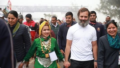 Congress worker Himani Narwal seen with Lok Sabha Leader of Opposition Rahul Gandhi during 'Bharat Jodo Yatra'.