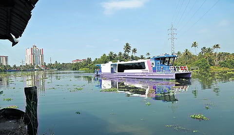 A Water Metro vessel makes its way towards the  Vytilla terminal 