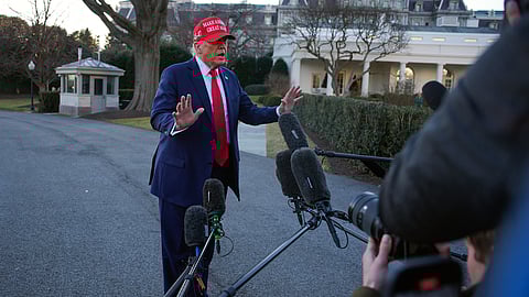 U.S. President Donald Trump speaks as he departs the White House on February 28, 2025, in Washington, DC. Trump spoke on his contentious Oval Office meeting with Ukrainian President Volodymyr Zelensky.
