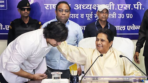 Bahujan Samaj Party (BSP) Supremo Mayawati with her nephew and party leader Akash Anand.