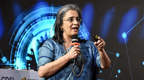 In this photo from Feb. 20, 2025, then-SEBI Chairperson Madhabi Puri Buch addresses the launch of the CDSL and NSDL unified investor app in Mumbai.